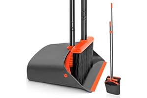 JEHONN Recogedor Plegable y Escoba de Mango Largo de 137 cm, Cepillo Barrer y Recogedor Vertical con Peine Dientes para Interior Casa Cocina Vestíbulo Jardín Oficina Habitación (Negro Naranja)