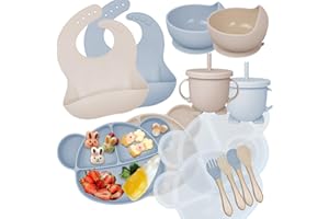 HOIDOKLY Coffret Repas Bebe, Lot de 14 Assiette Ventouse Silicone Antiderapant avec Compartiments, Ventouse Bol, Bavoir, Cuillère d’apprentissage, Assiette Enfant Set, Sans BPA,Costume bicolore Twins