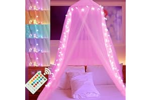 OYCBUZO Pink Bed Canopy with Lights for Girls, 100 LED Color Changing Star Lights Canopy Bed Curtains, Princess Bed Canopy Dome Bed Netting Canopy for Women Bedroom Decorations, Twin to King Size Bed Decor
