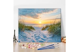 TISHIRON Zestaw do malowania po numerach dla dorosłych, zachód słońca nad morzem, „zrób to sam”, ręcznie malowany obraz olejny, malowanie piaskiem, trawa i fale, z 3 pędzlami i płótnem, 40 x 50 cm