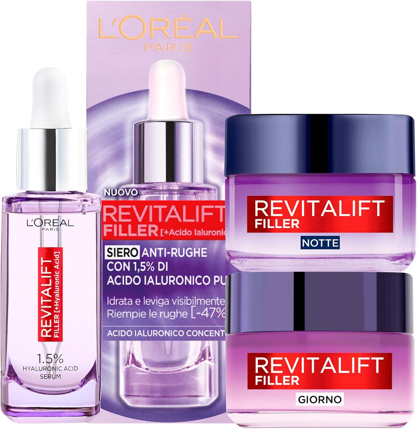 L'Oréal Paris Revitalift Filler - Kit de sérum antiarrugas rellenador e hidratante 30 ml, tratamiento antiedad reafirmante de 50 ml y tratamiento facial noche rellenador con ácido hialurónico de 50 ml