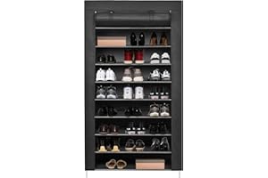 Meerveil Armoire à Chaussures 9 Couches Etagères de Rangement pour 45 Paires de Chaussures Armoire en Tissus Rangement de Chaussures Étanche Étagères à Chaussures Noir 88 * 28 * 160cm (avec Housse)