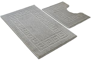 Ambience Products Greek Key Pattern Bath Mats 2 Piece Sets Non Slip Bathroom Mat, Soft Washable Rug Quick Dry Water Absorbent Bathroom Shower Mat & Pedestal Set (Silver)