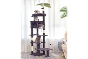 JISSBON 195cm Cat Tree for Indoor Cats, Multi Level Cat Tower with Scratching Posts, Large Plush Perch & Cat Condo with Leaves for Kittens, Adult Cats, Grey