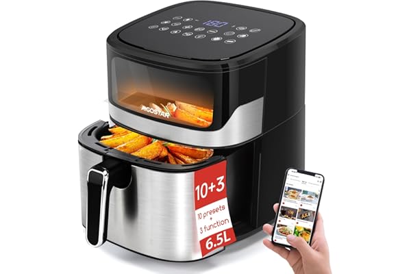 Aigostar Freidora de Aire 6.5L, Freidora sin Aceite con Ventana, 10 programas, Pantalla Digital Táctil, Precalentamiento Inte