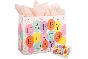 LLUOXI Large Birthday Gift Bag, Multicolor Gift bags for Presents, Medium Gifts Bag with 3 Tissue Paper and 1 Greeting Card for Men Women's Birthday Supplies, Presents Bags with Handles for Kids Adults