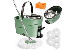 Myiosus Mop and Buckets Sets, Microfiber Spin Mop with 5 Reusable Pads & 145cm Stainless Steel Handle, Foot Pedal Mop Bucket for Hard Wood Tile Laminate Floors, Send 5 Cleaning Cloths