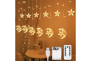 Lypumso Luces de Navidad LED, 3.5m Cortina de Luces Navidad Estrella Luna, 120LEDs Luces Navidad Ventana IP44 Pilas/USB con Control Remoto, para Decoracion Navidad, Fiesta, Ventana, Balcón, Jardin