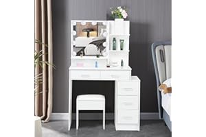 Saihemei Dressing Table with Mirror and Stool, Makeup Table with 3 Color Modes Mirror and Adjustable Brightness, 5 Drawers and 3 Shelves Bedroom Dressing Table for Girls Women