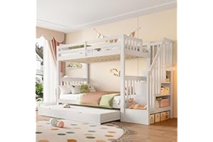 Rtopsu Etagenbett Kinderbett 90x200 cm für 2-3 Kinder, Hochbett mit Treppe und Ausziehbares Rollbett, Bett mit Rausfallschutz und Stauraum Lagerregal, Holzbett mit Lattenrost, Weiß, Ohne Matratze