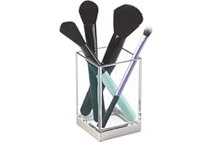 iDesign Portacepillos de dientes, vaso de baño de plástico, guarda cepillos para higiene dental o para colocar cosméticos, transparente y plateado mate