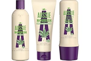 Aussie Nourish, Shampoo da 300 ml, balsamo per capelli da 200 ml e cura intensiva, nutrienti da 250 ml, per capelli secchi e acuti, all'estratto di semi di canapa, nutre e protegge i vostri capelli