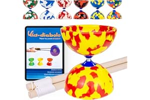 Juggle Dream Jester Diabolo Set - Fixed Axle Professional Diabolo with Wooden Handsticks and Online Learning Video - Juggling Toy (Red/Yellow)