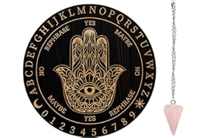 AHANDMAKER Planche de Pendule de sorcière, 7.8'' Métaphysique de Divination Radiesthésie Planche en Bois Sculpté avec Un Cristal Collier Planche à Pendule Ronde kit Fournitures D'Autel, Hamsa