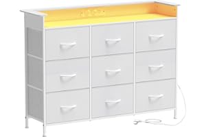 VEDECASA Komoda z 9 szufladami i oświetleniem LED, komoda do sypialni z listwą zasilającą, komoda z materiału z szufladami z materiału, do sypialni, salonu, korytarza, metalowa rama, materiał