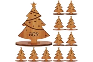 Gulfmew 12 Pcs Christmas Tree Place Name Settings 3D Freestanding Wooden Table Place Card 3.74'' x 2.76'' Rustic Seat Card Xmas Name Table Decoration with Marker for Christmas Party Decor