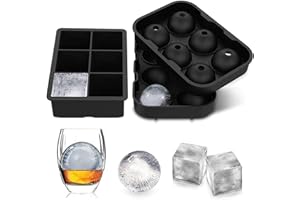Jisile Lot de 2 Grands bacs à Glaçons en Silicone avec Couvercle, 1 bac à Glaçons Carré et 1 Moule à Boule de Glace pour Cocktail, Mojito, Whisky, Nourriture pour bébé, Sans BPA, Reutilisable