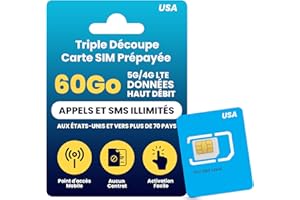 JZN MARKET Carte SIM Prépayée Physique H2O Wireless 30 Jours USA avec 60 Go de Données 4G LTE/5G Haute Vitesse et 5 Go de Point d'Accès Mobile, Appels et Textos des États-Unis vers Plus de 70 Pays, Carte SIM US