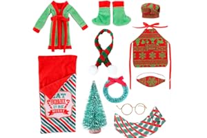 Rakuker 11pcs Accesorios Elfo Navidad, Accesorios de Muñeco de Elfo Navidad, Saco de Dormir, Hamaca, Vasos, Albornoz, Bufanda, Delantal, Almohada, Gorro de Chef para Decoración Navideña