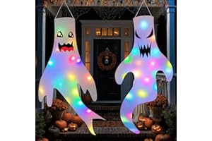 WEICLIANHP 2 Pezzi Decorazione Halloween, Fantasma Manica a Vento con Luci LED, Ghost Windsock per Esterni, Giardino, Cortile, Patio, Casa