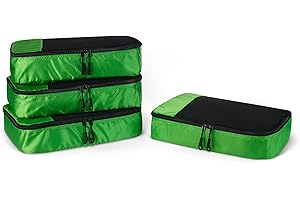 Amazon Essentials 4-Piece Packing Cubes Travel Accessories Set, Luggage Organiser with Double Zip, Mesh Top, 100% Polyester, Medium, Green (Previously Amazon Basics)