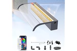 ‎LONGRUN LONGRUN 60cm Teich Wasserfall Klingen Set, Acryl Gebogener Wasserfall Überlauf, Außenpool Brunnen mit 7 Farben Bluetooth LED Lichtern und Fernbedienung, Breite 26cm