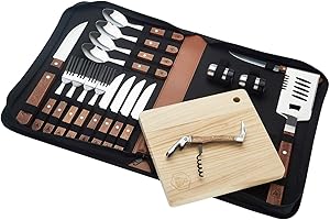 LAGUIOLE - Set Completo da Picnic - 18 Pezzi - Coltelli - Forchette - Cavatappi - Maniglie in Legno di Pino -