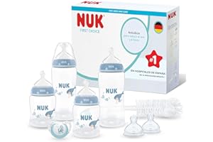 NUK First Choice Perfect Start Set de Biberones | 0-6 Meses | 4 Biberones Anticólicos (150 ml, 300 ml), 2 Tetinas, 1 Chupete First Choice, 1 Cepillo para Biberones | Ballena | 8 Piezas