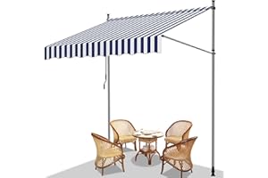 Fiqops Markiza zaciskowa na balkon, 200 x 120 cm, wysuwana markiza z regulacją wysokości, markiza z korbą ręczną, odporna na działanie promieni UV, montaż bez wiercenia, na balkon, do ogrodu, na taras, niebiesko-biała