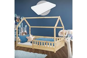 ML DESIGN MODERN LIVING ML-Design Letto a Forma di Casetta Lettino per Bambini Tipi 90x200 cm Protezione Anticaduta Bimbi Struttura in Legno di Pino Massiccio con Materasso da 16 cm Schiuma Fredda Giovani da Gioco Naturale