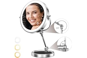 AMOLABE Schminkspiegel mit Beleuchtung, 10-fach/1-fach Vergrößerungsspiegel mit Licht, 8" Kosmetikspiegel mit Vergrößerung, 360 Grad LED Spiegel Höhenverstellbarer 3 Farblichter Einstellbare Helligkeit Chrom