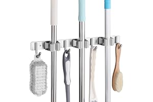SHYOSUCCE Edelstahl Besenhalter, Besenhalterung Wand mit 3 Schlitze und 4 Haken, Gerätehalter Wandhalterung für Küche, Badezimmer, Garage und Garten, Grau