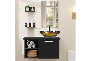 ZealWe Badmöbel Set Waschbecken Waschtisch mit Unterschrank Waschbeckenunterschrank und Spiegel, Badezimmermöbel mit Badezimmerschrank hängend, Wandregal, Aufsatz-Waschbecken(Schwarz Gold)