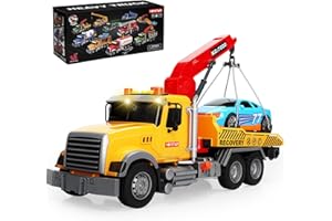 IGUGI Carro rimorchio giocattolo a partire dai 3 4 5 6 anni,Camioncino Giocattolo,luce e suono,Con 2 auto da corsa,10 segnali stradali,gru rotabili,regalo giocattolo per bambini di 3 anni