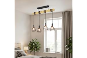 LVWIT Black Pendant Lighting,Vintage Hanging Lights,Wood Ceiling Light Fitting,4 Way Kitchen Light Ceiling,Drop Lights Ceiling,Industrial Ceiling Light for Lving and Dining Room(E14 Base,NO Bulbs)