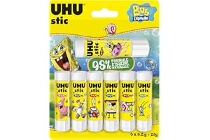 UHU Stic - Bâton de Colle Sans Solvants - Edition Bob L'Éponge - Colle Enfant, Loisirs Créatifs, Bureau, Maison, École - Blanche - Fournitures de Bureau - Lot de 6 Stics de 8,2 g + 1 Stic 21 g