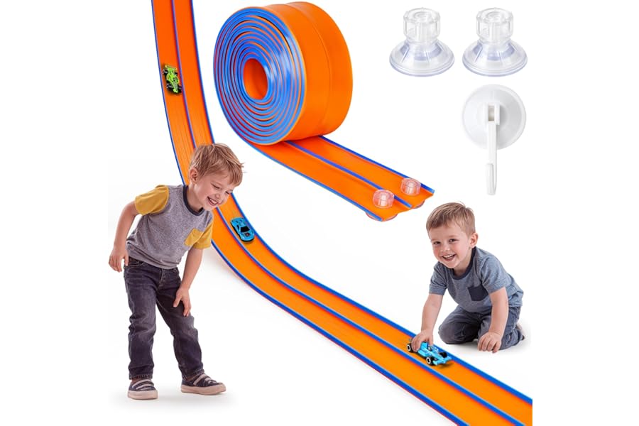 Hot Bee 14.7ft Flexible Race Track for 1:64 Diecast Cars - Soft Silicone Dual-Lane Car Track with Heavy-Duty Suction Cups, Portable DIY Wall & Window Race Ramps, Gift for Boys Kids Age 3 4 5 6 7 8