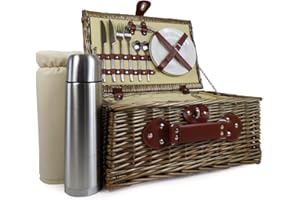 FINE FOOD STORE 2 Person Wicker Picnic Basket with Chiller Compartment includes Stainless Steel Cutlery & Flask - Gift ideas for Valentines, Mothers Day, Birthday, Wedding, Anniversary, Corporate, Christmas