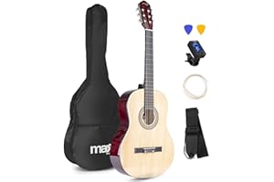 MAX SoloArt Guitarra clasica con cuerdas de nailon para Principiantes Adultos - guitarra flamenca con Funda, Afinador, Púa, Correa y Accesorios - Guitarra Española 4/4 en Madera Natural