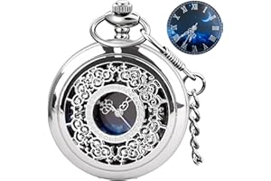 Tiong Pocket Watch Hollow Roman Numerals Vintage Blue Starry Design Quartz Pocket Watches with Chain Pendant for Men Women