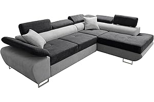 Robin Saturn Premium Divano angolare con funzione letto cassetto per biancheria e cuscini Poggiatesta regolabili stile moderno nero e grigio angolo a destra 272 x 200 x 90