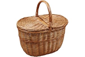 DAMIAN-WIKLINA Cesta de mimbre para pícnic/camping, cesta de la compra, para frutas, verduras o setas, con doble tapa, cesta de almacenamiento, tejida a mano, 41 x 30 cm, 25/40 cm