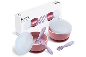 Navik | set pappa svezzamento | ciotola in silicone per bambino con ventosa e coperchio | cucchiaino svezzamento | rosa e viola