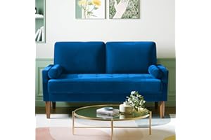 Meskanu Couch 2 Sitzer, 121 cm Samt Kleines Sofa mit 2 Wurfkissen, Modern Mini Sofa, Getuftetes Kleine Couch für Wohnzimmer/Schlafzimmer/Büro/Wohnung, Blau