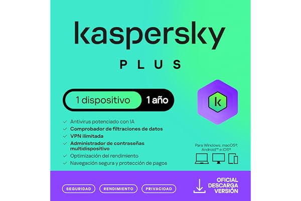 Kaspersky Plus Internet Security 2026 | 1 Dispositivo | 1 año | Anti-Phishing y Firewall| VPN ilimitada | Gestor de contraseñas | Protección Bancaria en línea | PC/Mac/Móvil | Código por email