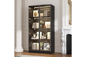 ‎CALDION Caldion Vitrinenschrank mit Glastüren und 3 Beleuchtung,Glasvitrine Stehend, Vitrine mit 4-stufigen Einlegeböden, Glasschrank mit Pop-up Design,Vitrine mit 2 Glastüren Schwarz,80x40x160cm