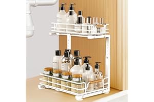JYPS Organizer da cucina, 2 ripiani in metallo sotto il lavandino, ripiano scorrevole per lavello da cucina, regolabile in altezza, organizer per bagno, spezie, armadio (bianco)