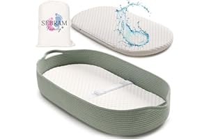 SEBRAM Cesta Fasciatoio per Neonati – Cestino Portatile con Materasso Impermeabile – Fasciatoio da Tavolo o da Viaggio – Moses Cestino per Comò – Design Verde Decorazione Stanza Bambino (Verde)