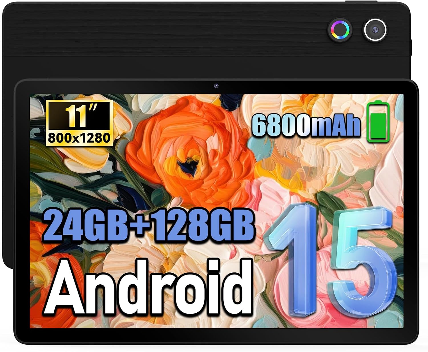 Whitedeer Tablet 11 Pulgadas Android 15, 24GB RAM+128GB ROM (1TB Expandible), Batería 6800mAh, IPS 1280×800, Octa-Core, WiFi 6+BT5.4, Widevine L1, 5MP+8MP, Reconocimiento Facial, Negro