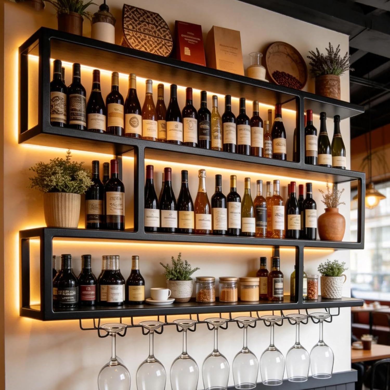 AUSKLEZU Botellero de Pared para Vino con Luz LED Cálida - Botellero Industrial de Pared Vertical de 4 Niveles, Estantería Flotante con Soporte para Copas Colgante para Bar, Cocina y Comedor (150cm)